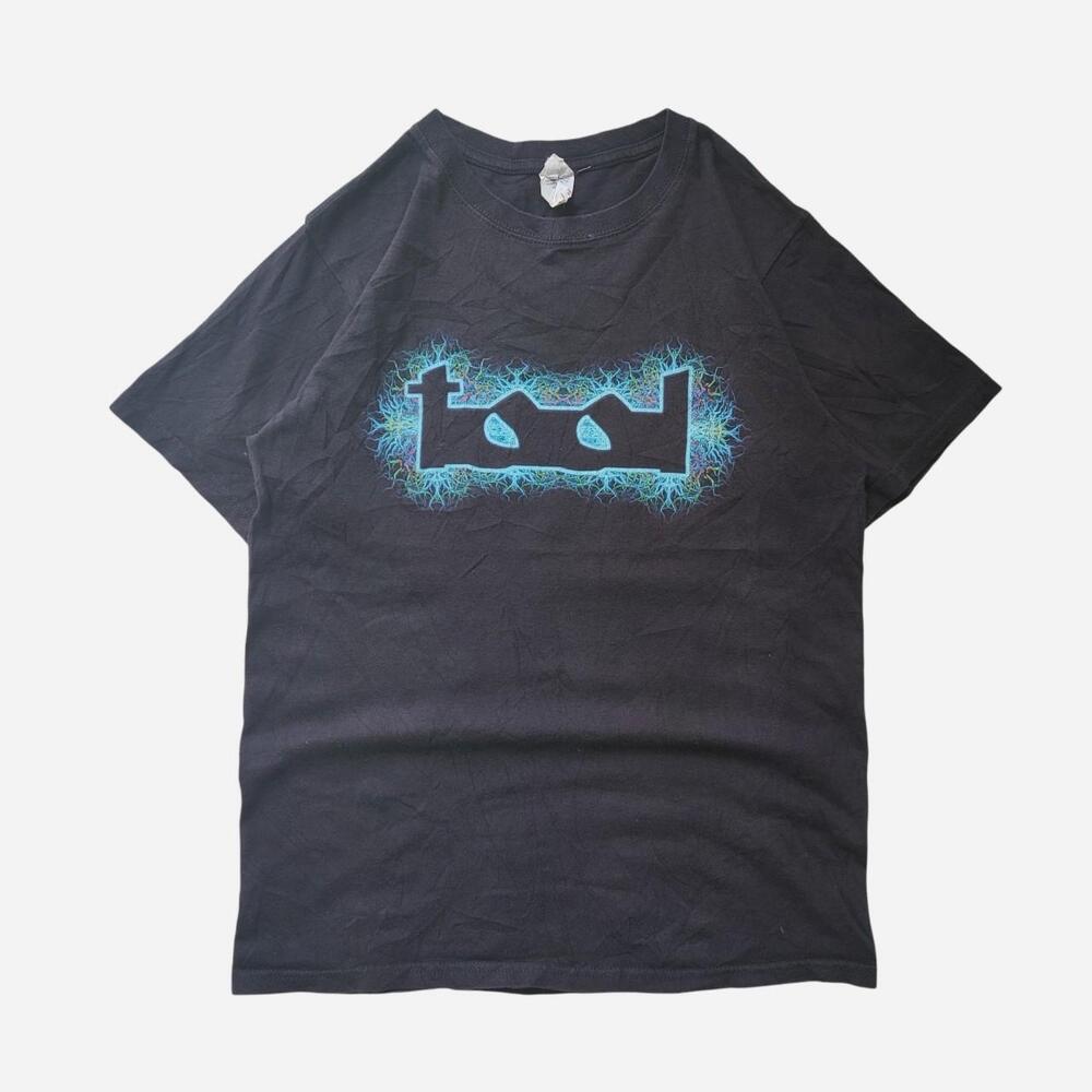Y2K Tool Band Tee with blue 'tool' logo with a spiky, electric effect